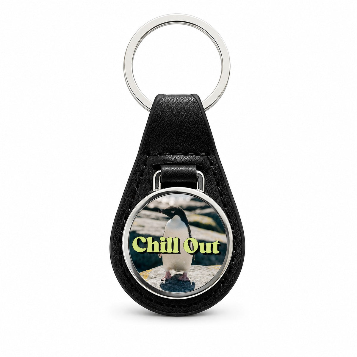 Chill Out Penguin Funny Black Leather Metal Keychain