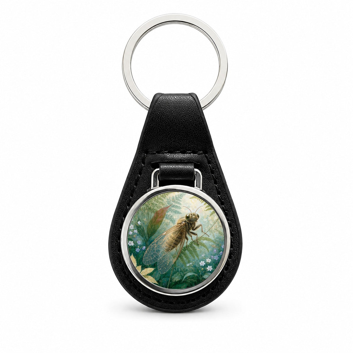Cicada Summer Botanical Black Leather Metal Keychain