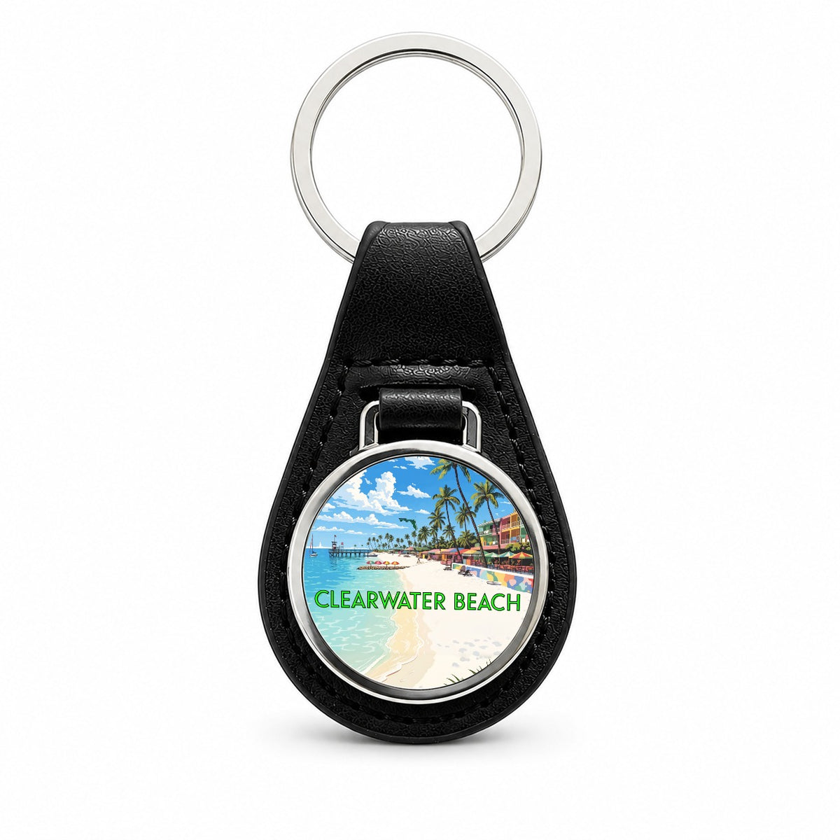 Clearwater Beach Florida Travel Black Leather Metal Keychain