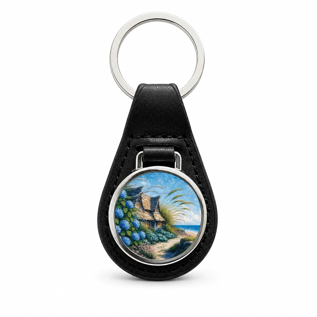 Coastal Cottage Hydrangeas Black Leather Metal Keychain
