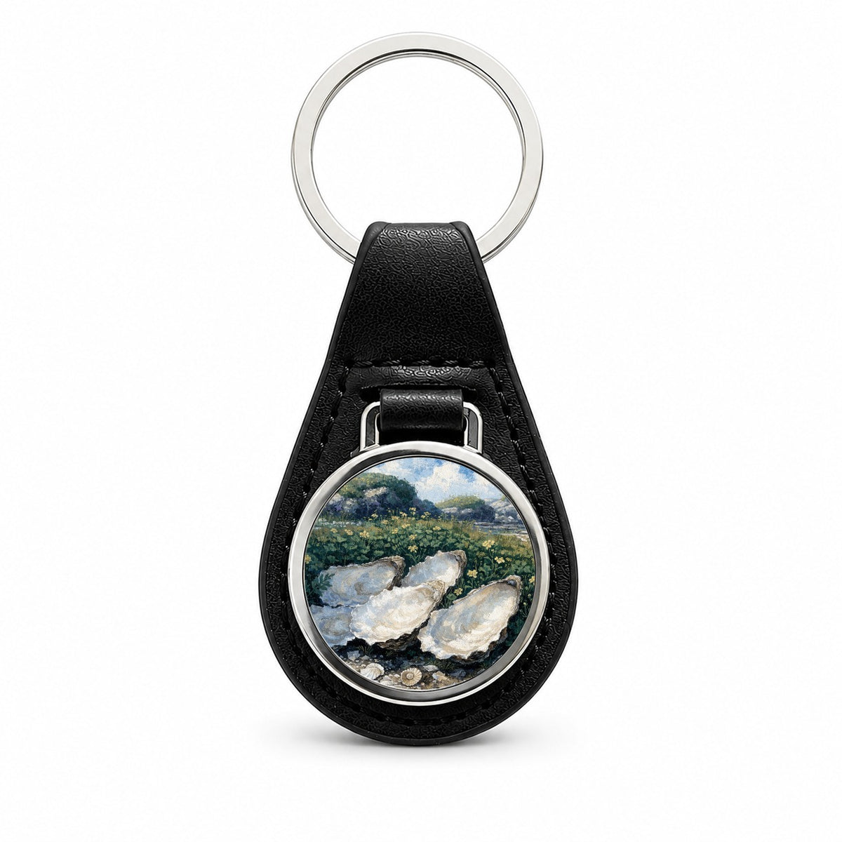 Coastal Oysters Shells Black Leather Metal Keychain