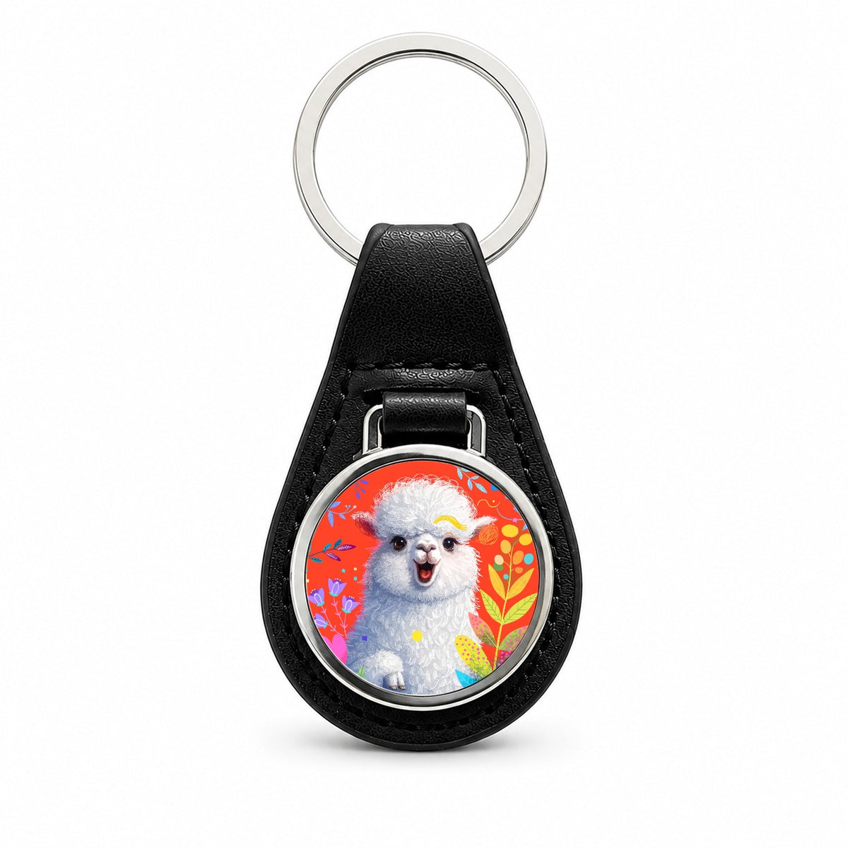 Colorful Alpaca Portrait Black Leather Metal Keychain