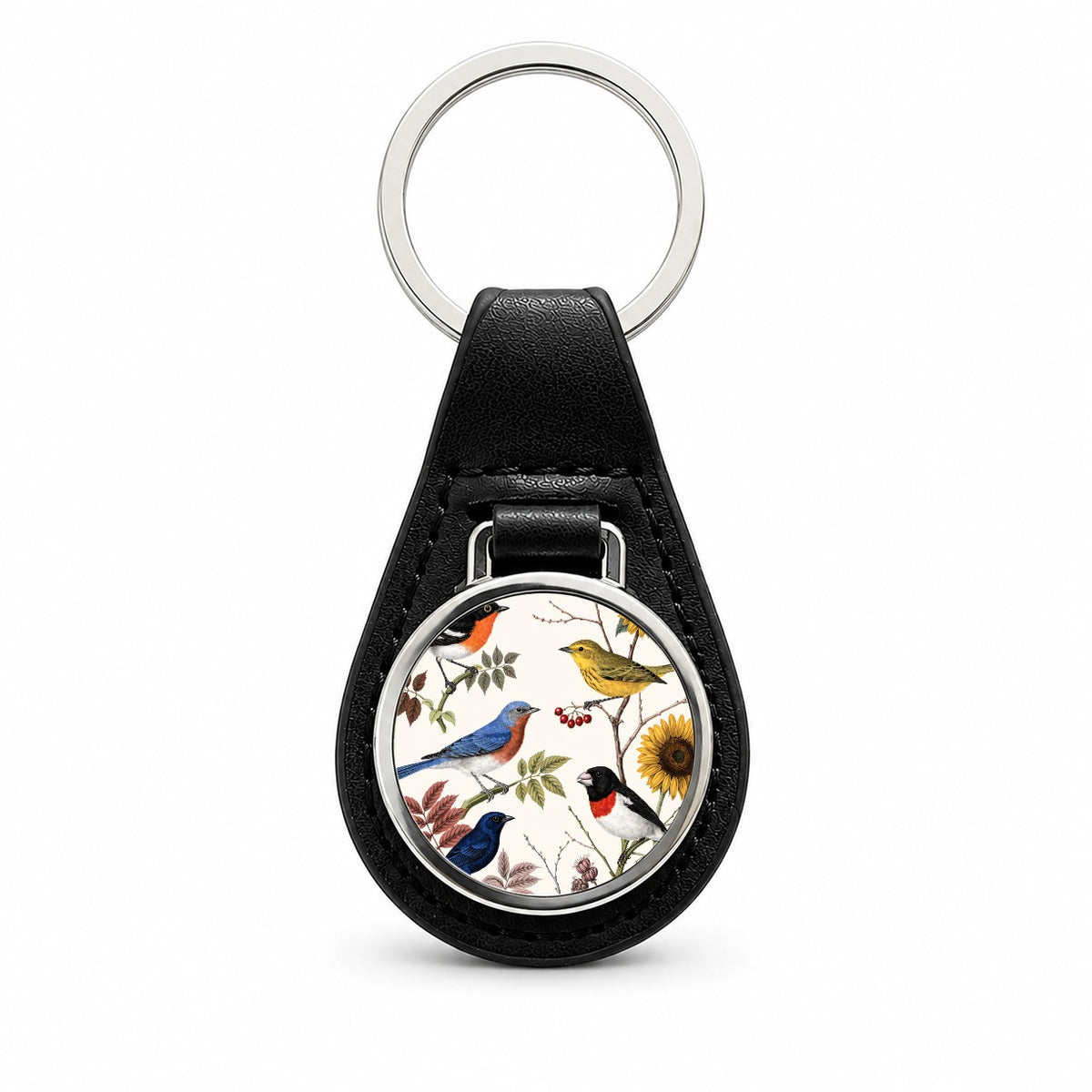 Colorful Backyard Songbirds Black Leather Metal Keychain
