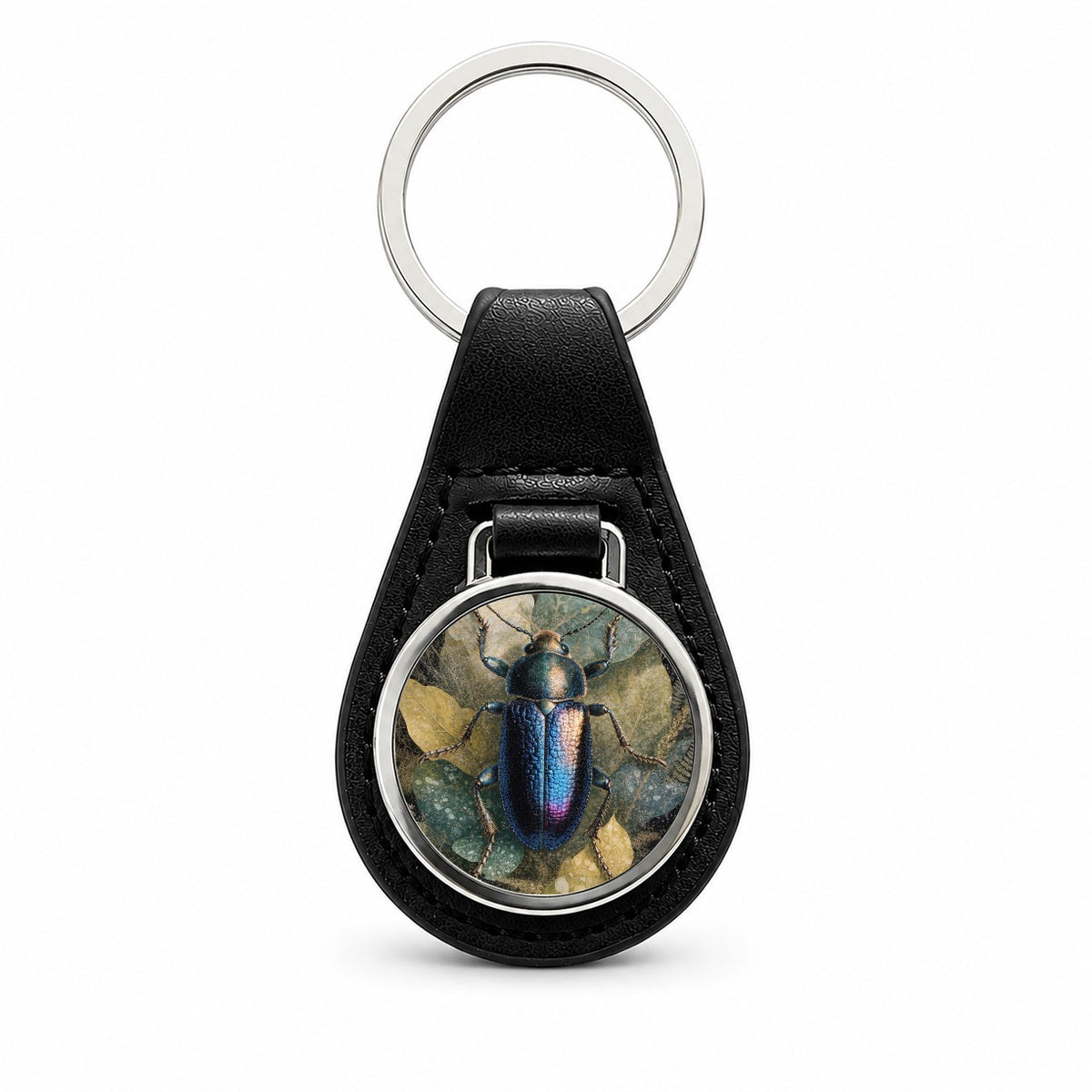 Colorful Beetle Top Down Black Leather Metal Keychain