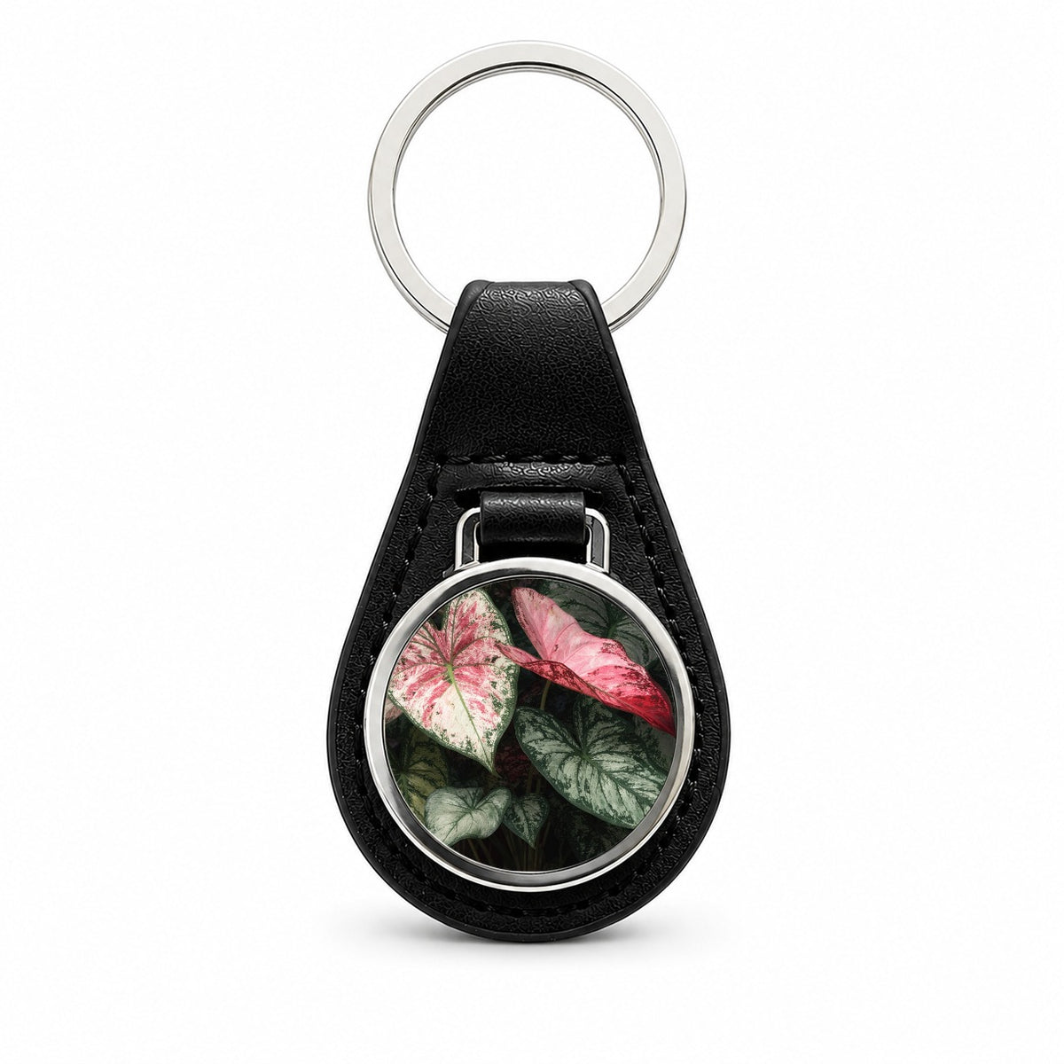 Colorful Caladium Leaves Black Leather Metal Keychain
