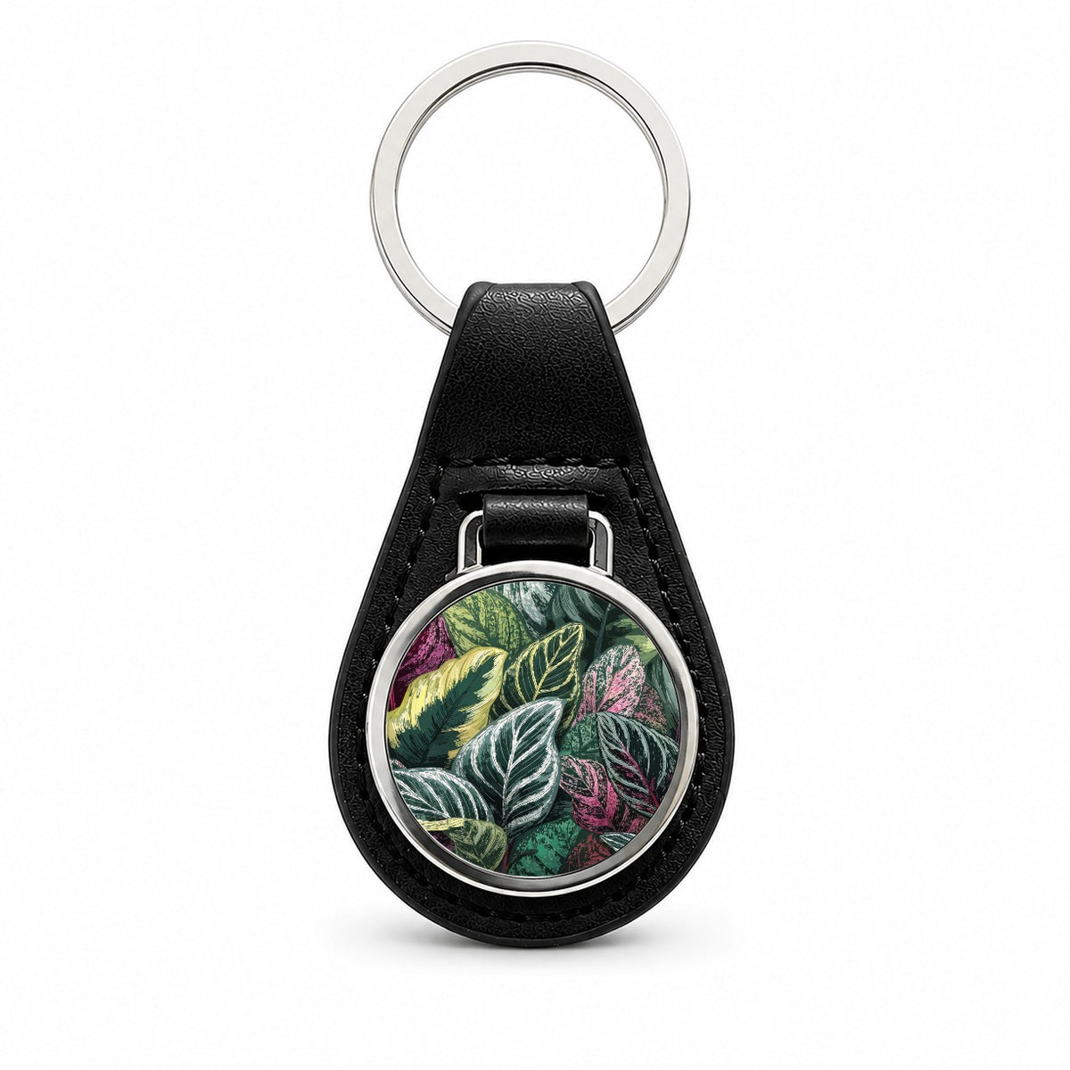 Colorful Calathea Leaves Black Leather Metal Keychain
