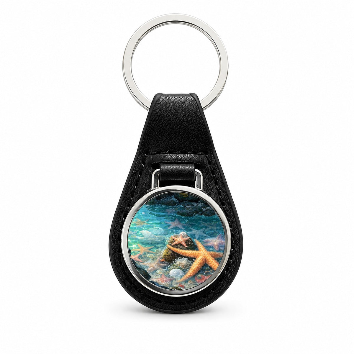 Colorful Coastal Tide Pool Black Leather Metal Keychain