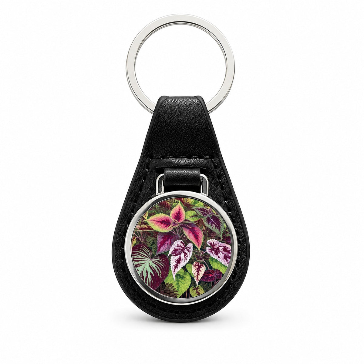 Colorful Coleus Garden Black Leather Metal Keychain