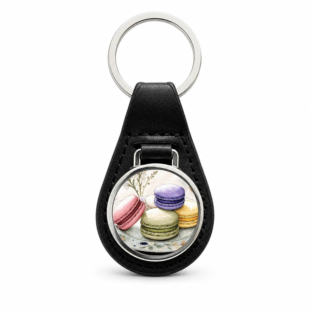 Colorful Macaron Patisserie Black Leather Metal Keychain