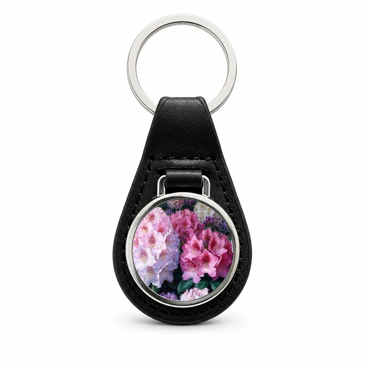 Colorful Rhododendron Garden Black Leather Metal Keychain