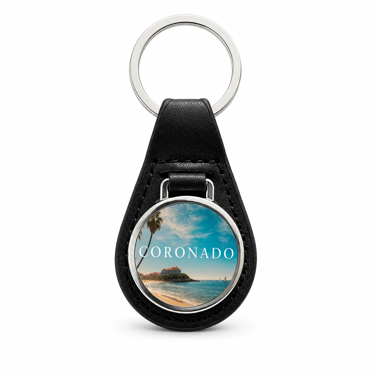 Coronado California Travel Black Leather Metal Keychain