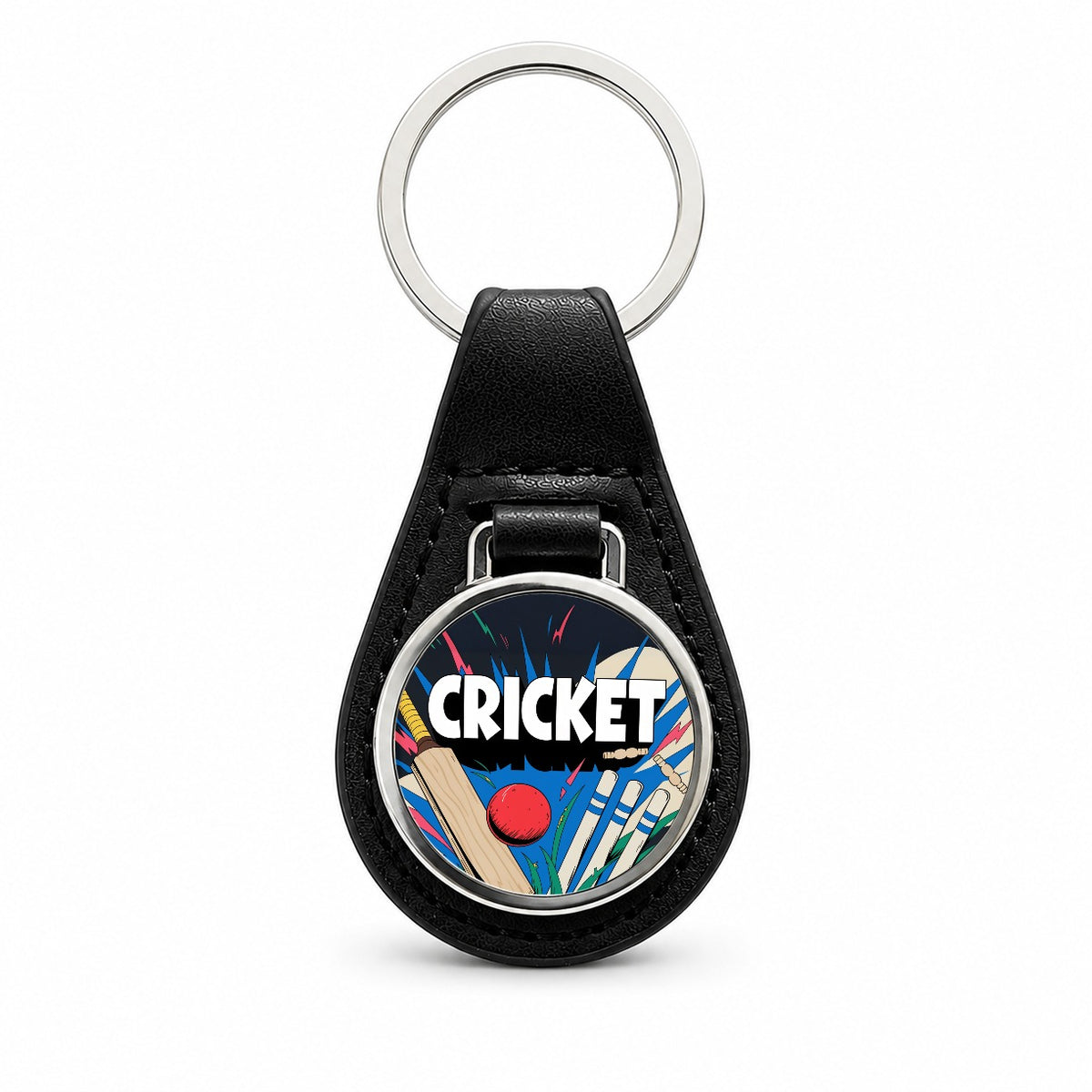 Cricket Bat Ball Wickets Black Leather Metal Keychain