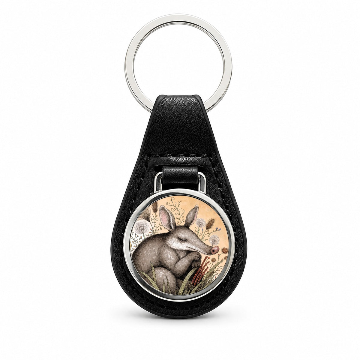 Cute Aardvark Illustration Black Leather Metal Keychain