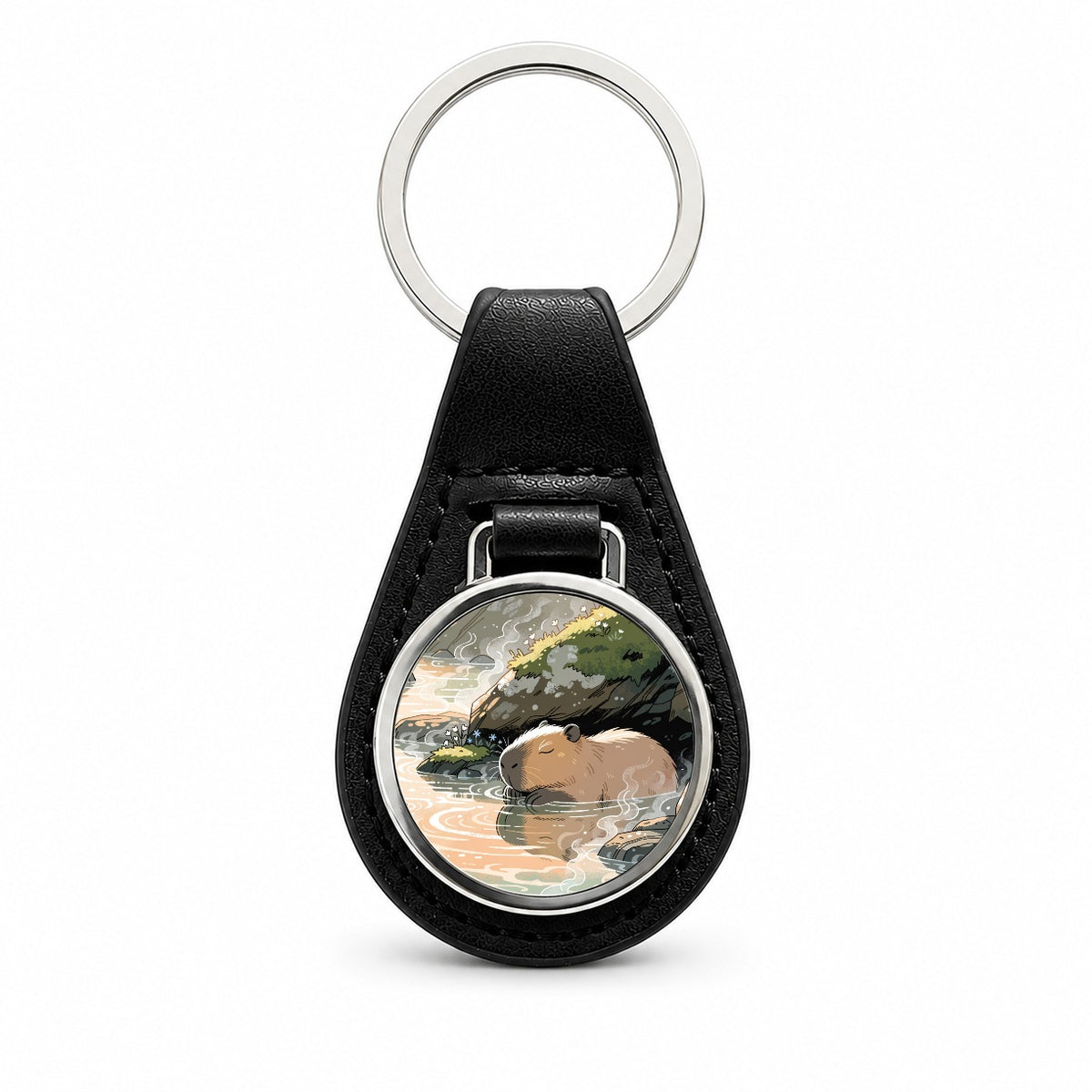 Cute Capybara Relaxing Black Leather Metal Keychain