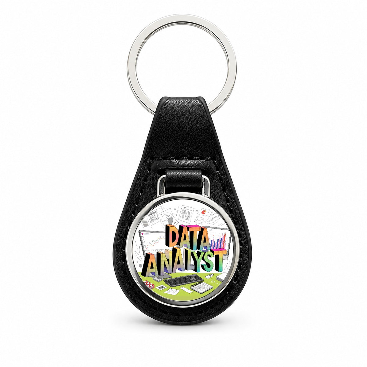 Data Analyst Black Leather Metal Keychain