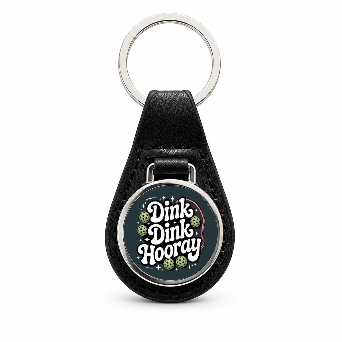 Dink Dink Hooray Pickleball Funny Black Leather Metal Keychain