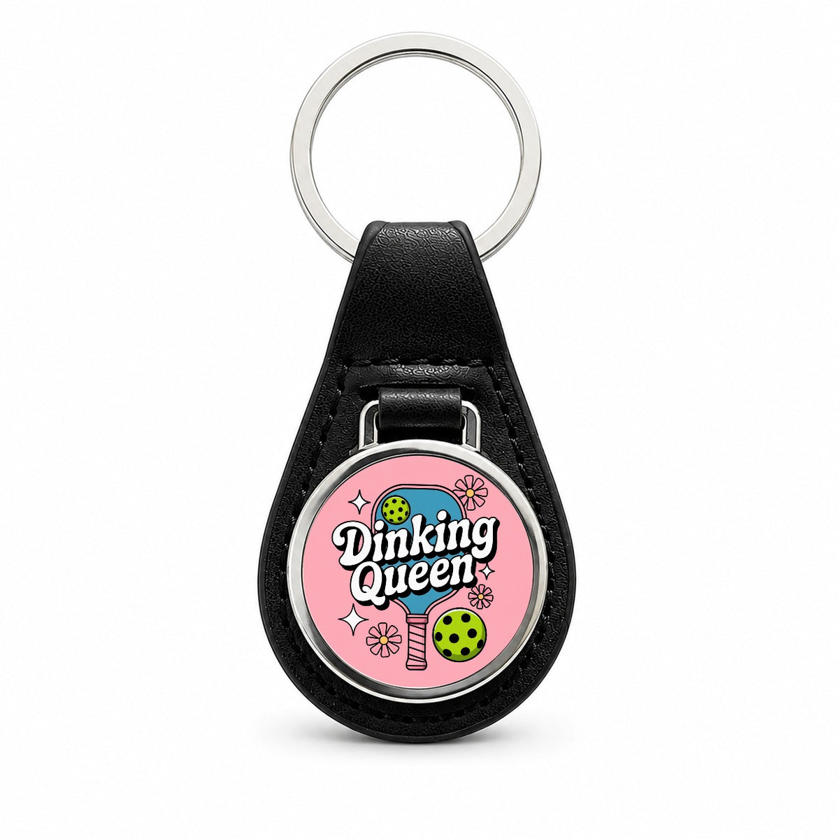 Dinking Queen Pickleball Black Leather Metal Keychain