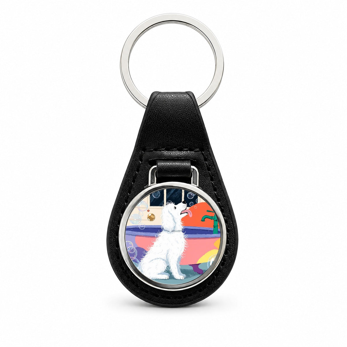 Dog Groomer Bubble Bath Black Leather Metal Keychain