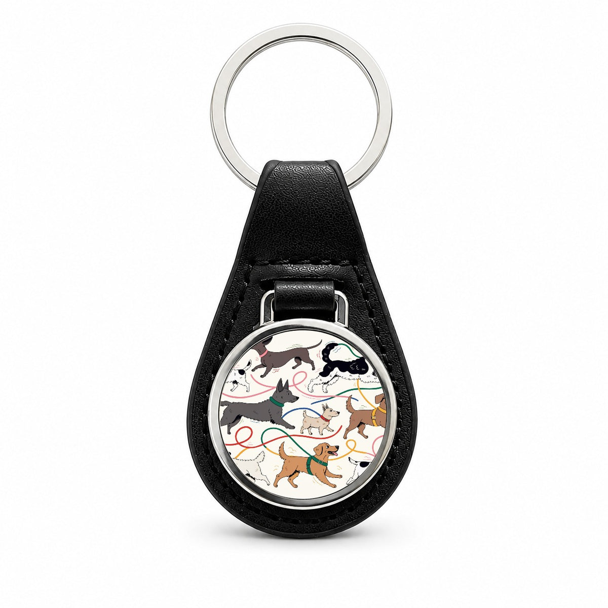 Dog Walk Chaos Black Leather Metal Keychain