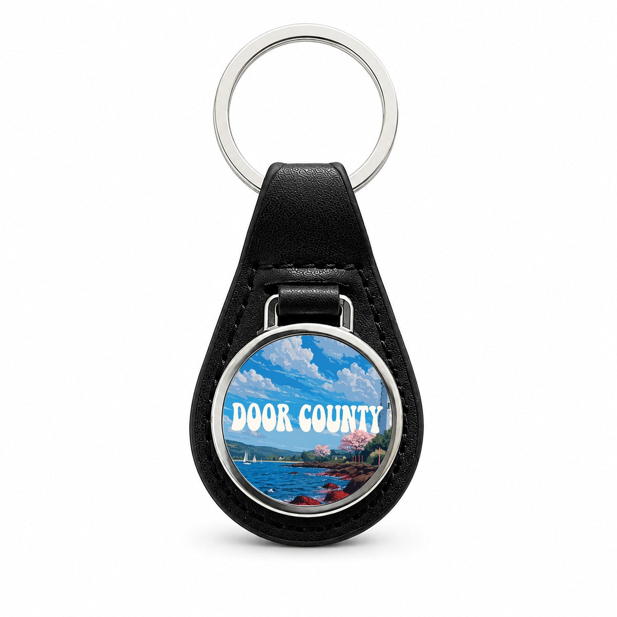 Door County Wisconsin Travel Black Leather Metal Keychain
