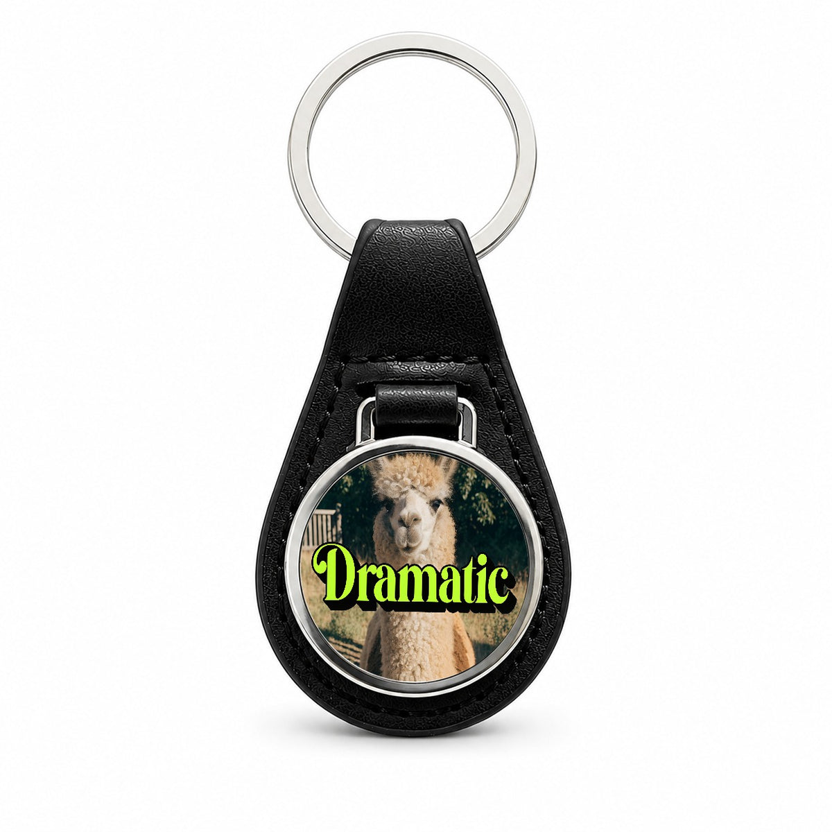 Dramatic Llama Funny Black Leather Metal Keychain