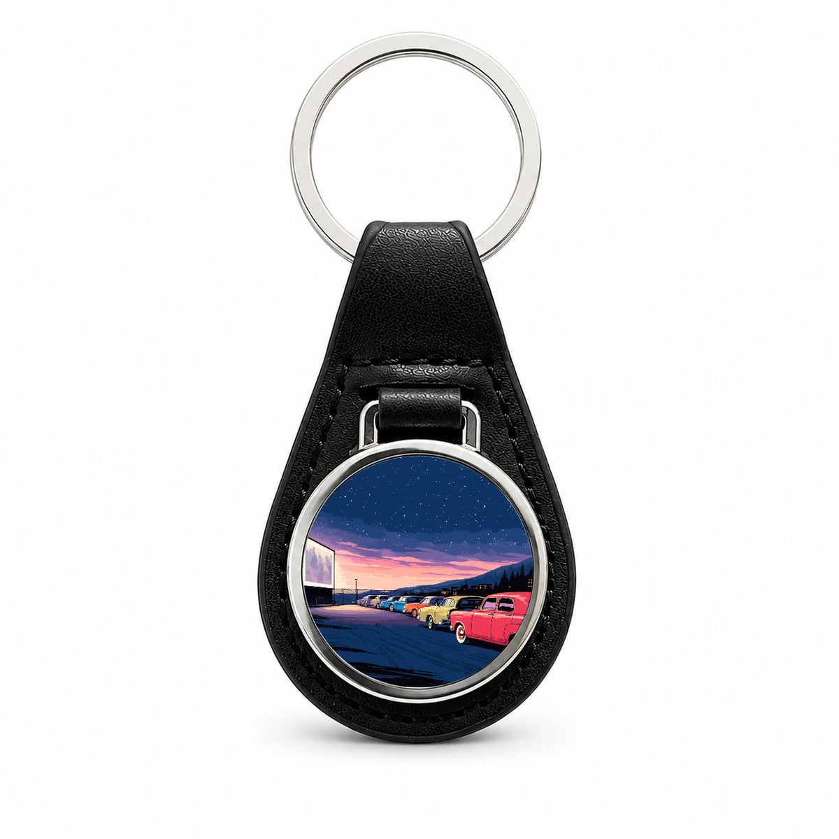 Drive-In Movie Night Black Leather Metal Keychain