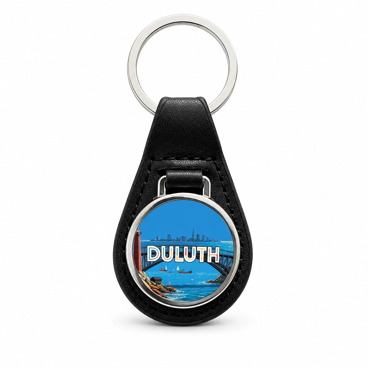 Duluth Minnesota Travel Black Leather Metal Keychain