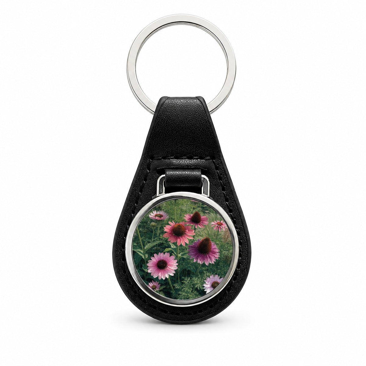 Echinacea Coneflower Garden Black Leather Metal Keychain