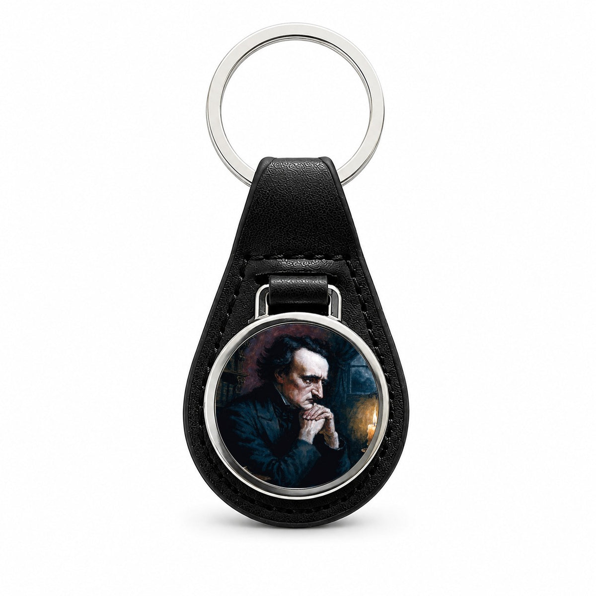 Edgar Allan Poe Author Black Leather Metal Keychain