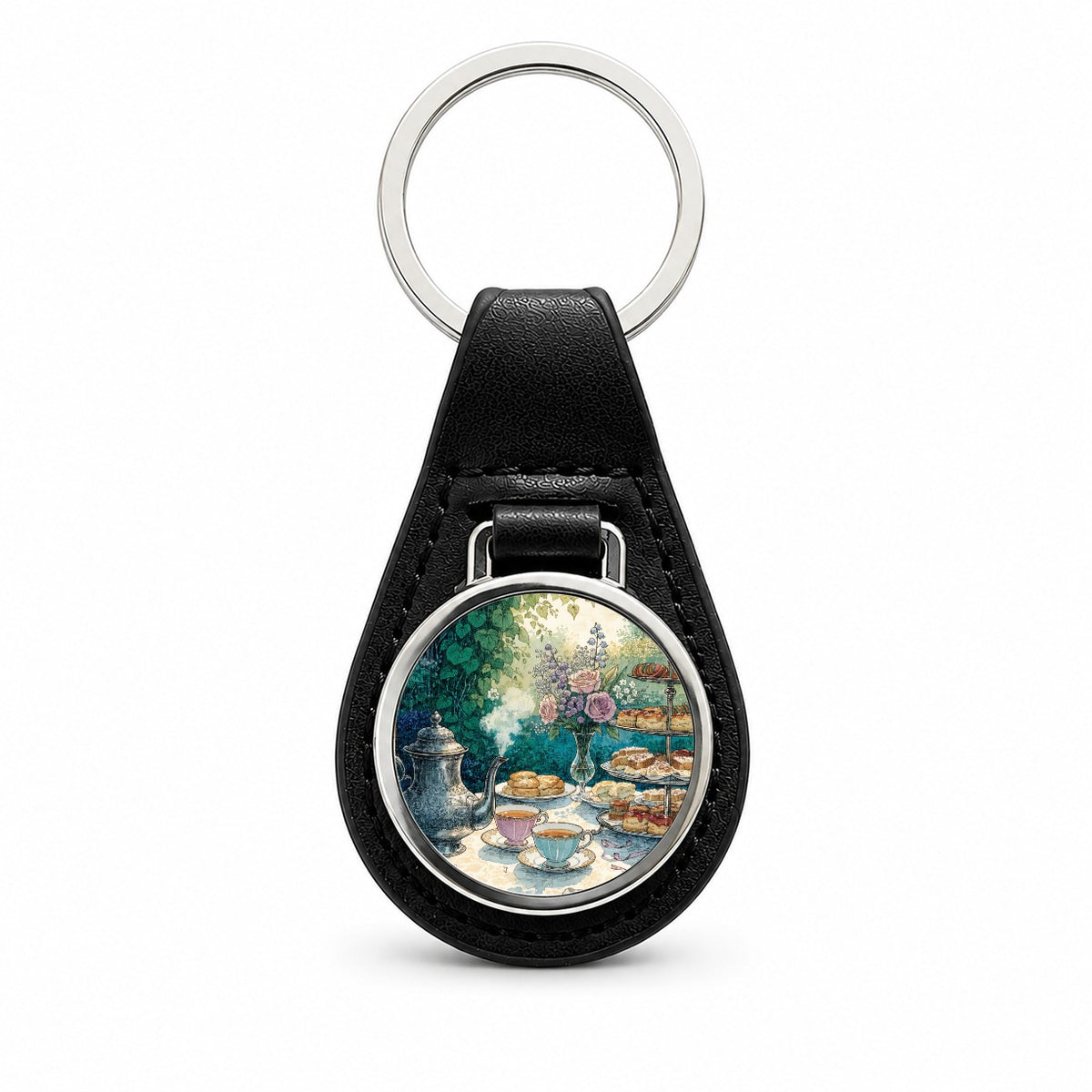 Elegant Afternoon Tea Pot Scones Black Leather Metal Keychain