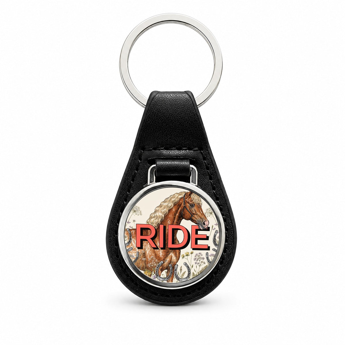 Equestrian Horse Riding Black Leather Metal Keychain