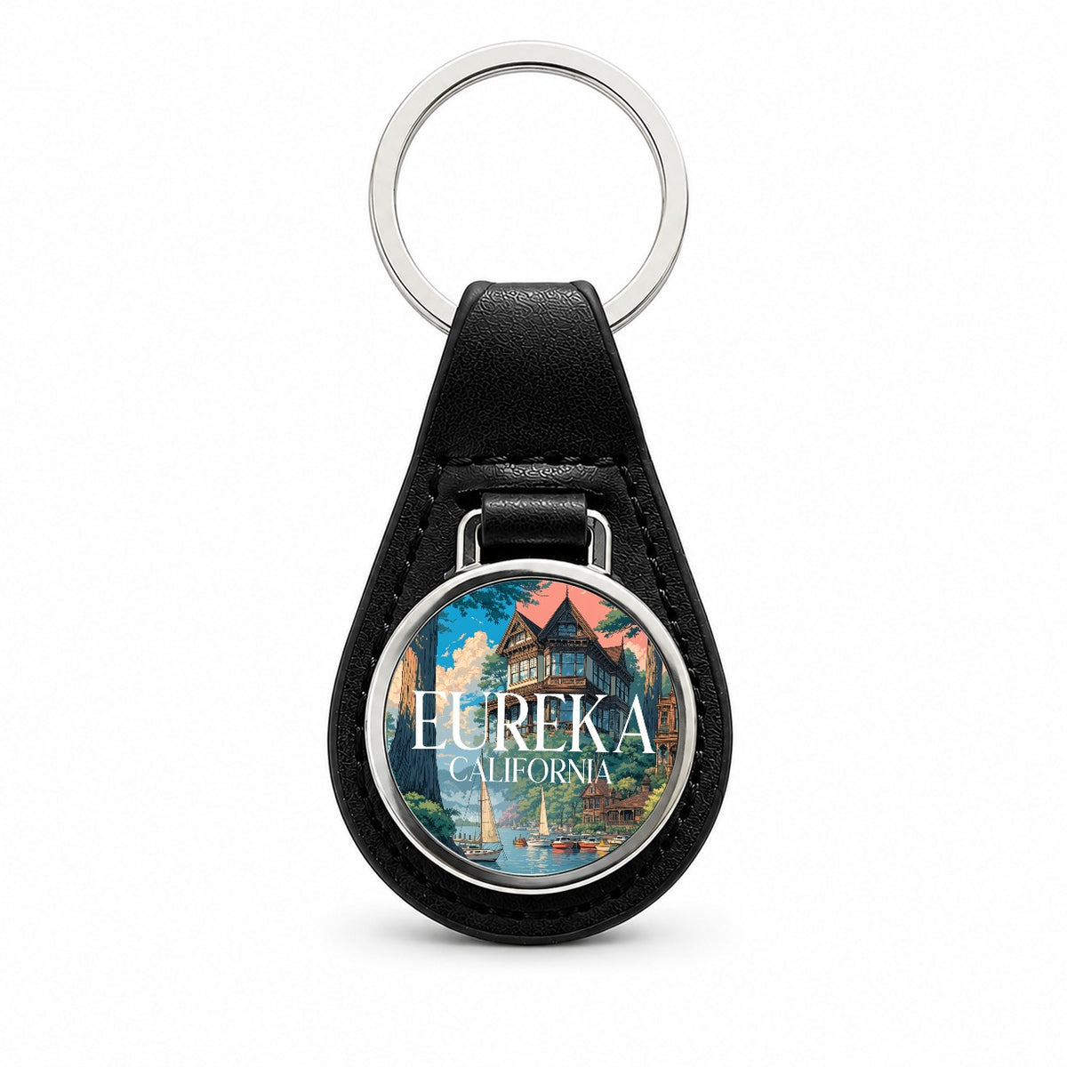 Eureka California Travel Black Leather Metal Keychain
