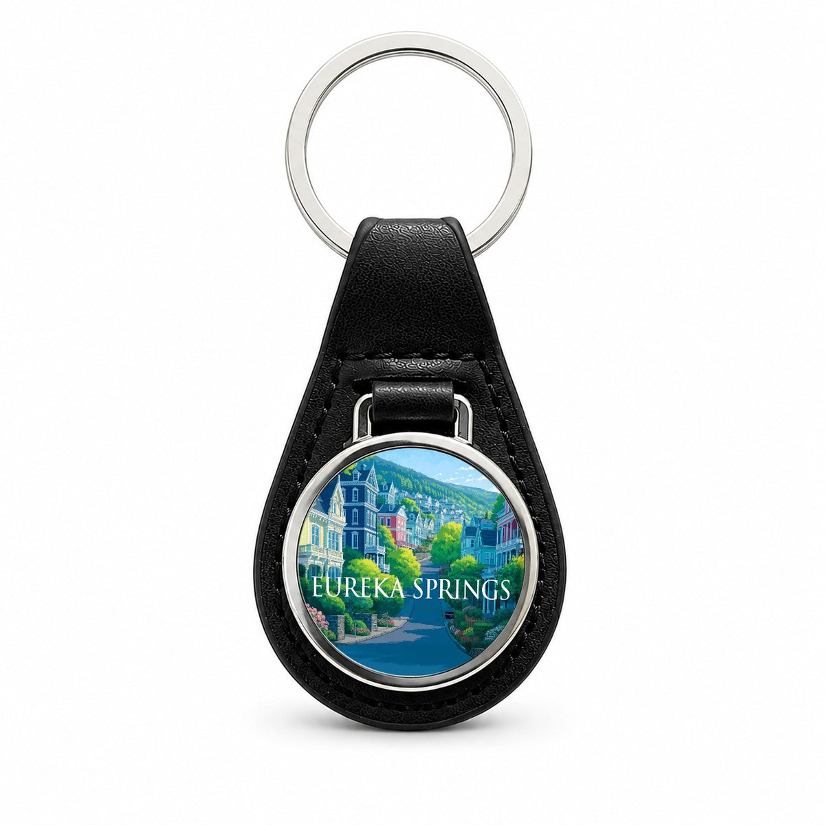 Eureka Springs Arkansas Travel Black Leather Metal Keychain