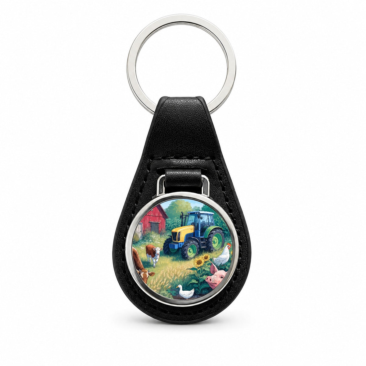 Farmer Tractor Farm Black Leather Metal Keychain
