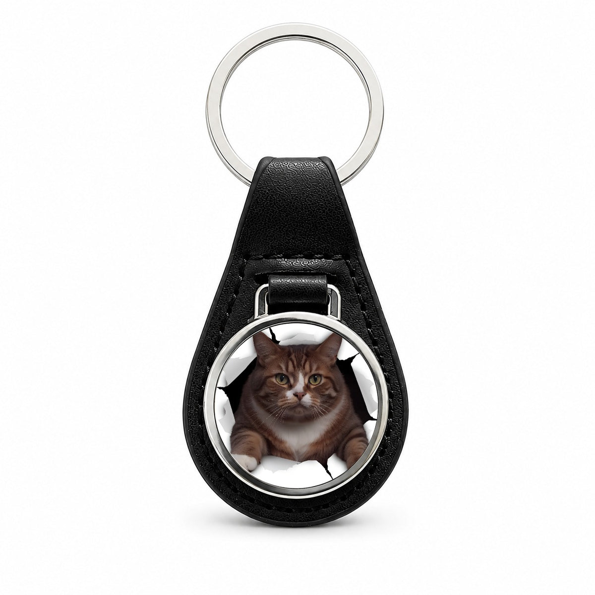 Fat Cat Breakout Black Leather Metal Keychain