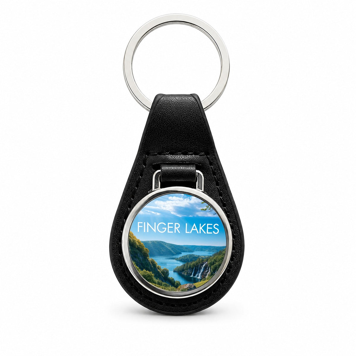 Finger Lakes New York Travel Black Leather Metal Keychain