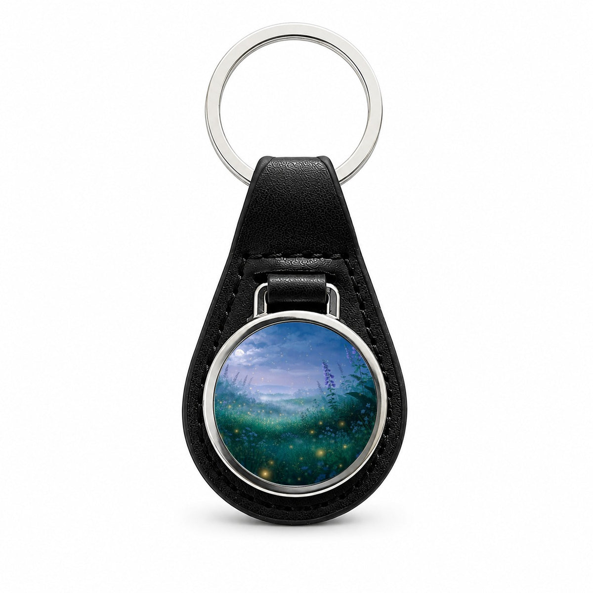 Fireflies Moonlit Wildflower Meadow Black Leather Metal Keychain