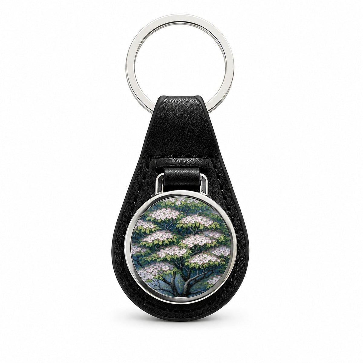 Flowering Dogwood Tree Black Leather Metal Keychain