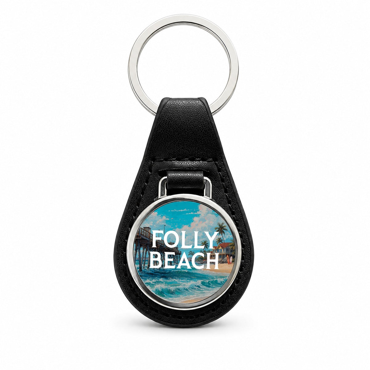 Folly Beach South Carolina Travel Black Leather Metal Keychain