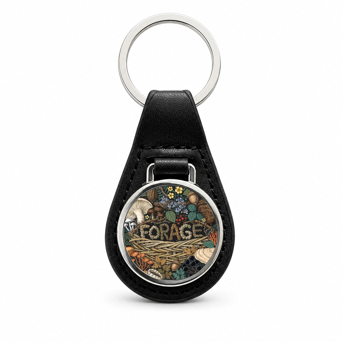 Forage Woodland Forest Mushrooms Black Leather Metal Keychain