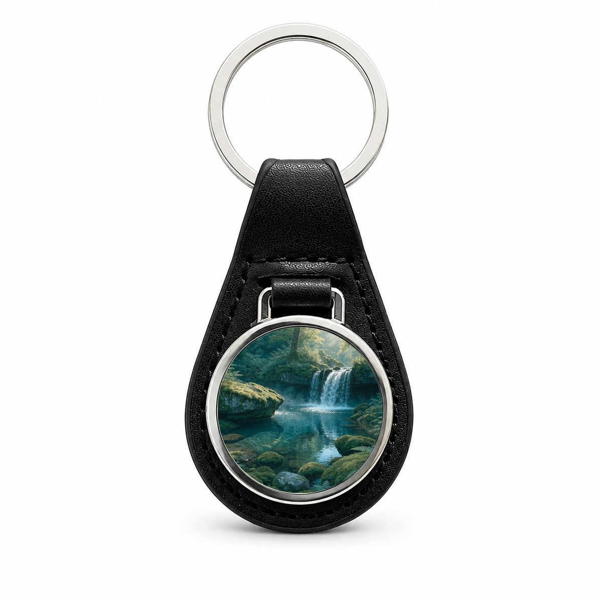 Forest Waterfall Landscape Black Leather Metal Keychain