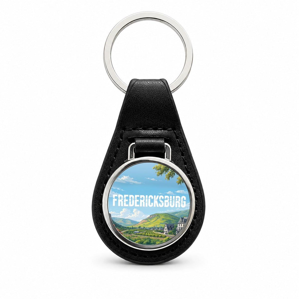 Fredericksburg Texas Travel Black Leather Metal Keychain