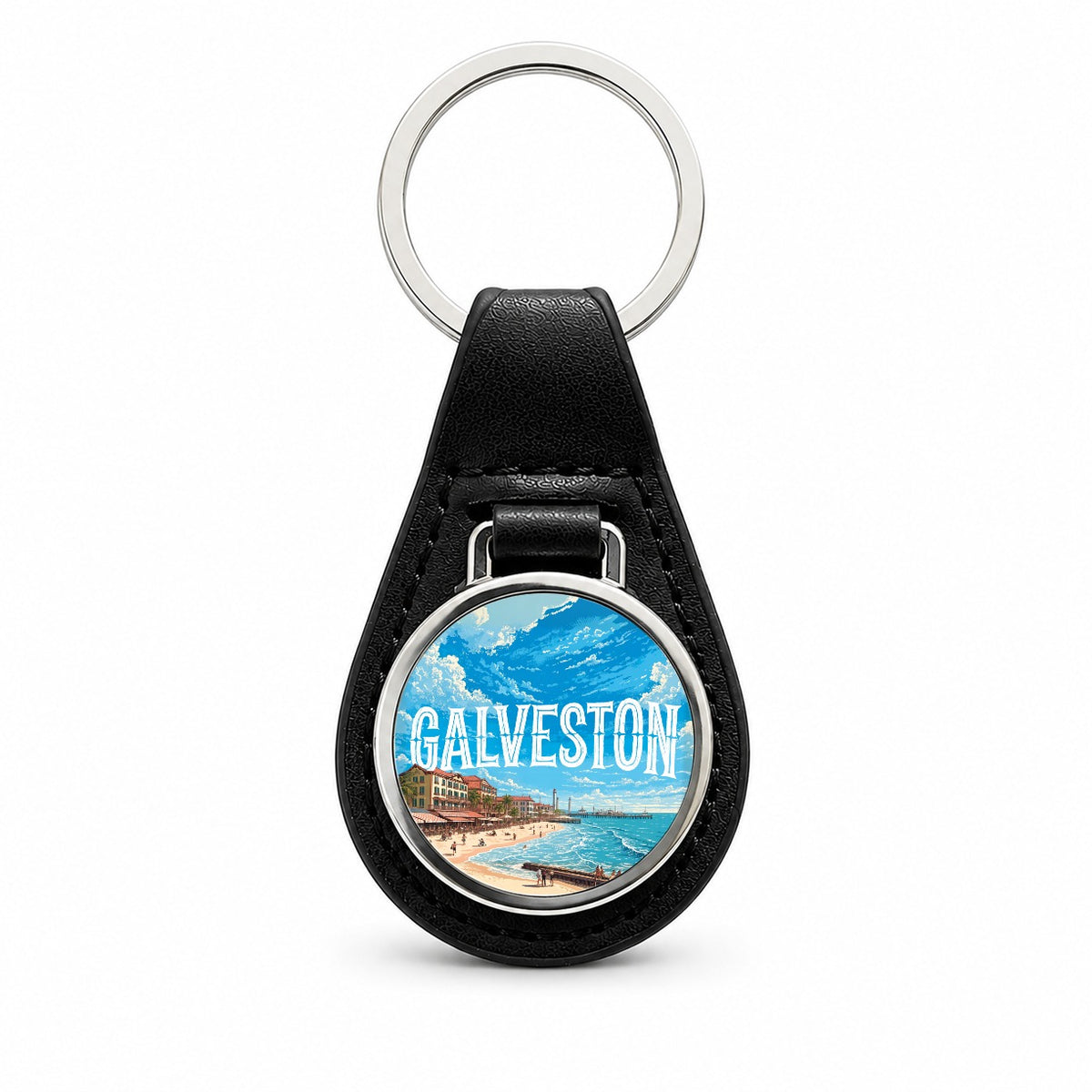 Galveston Texas Travel Black Leather Metal Keychain