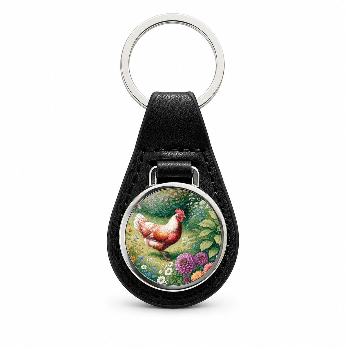 Garden Chicken Wildflowers Black Leather Metal Keychain