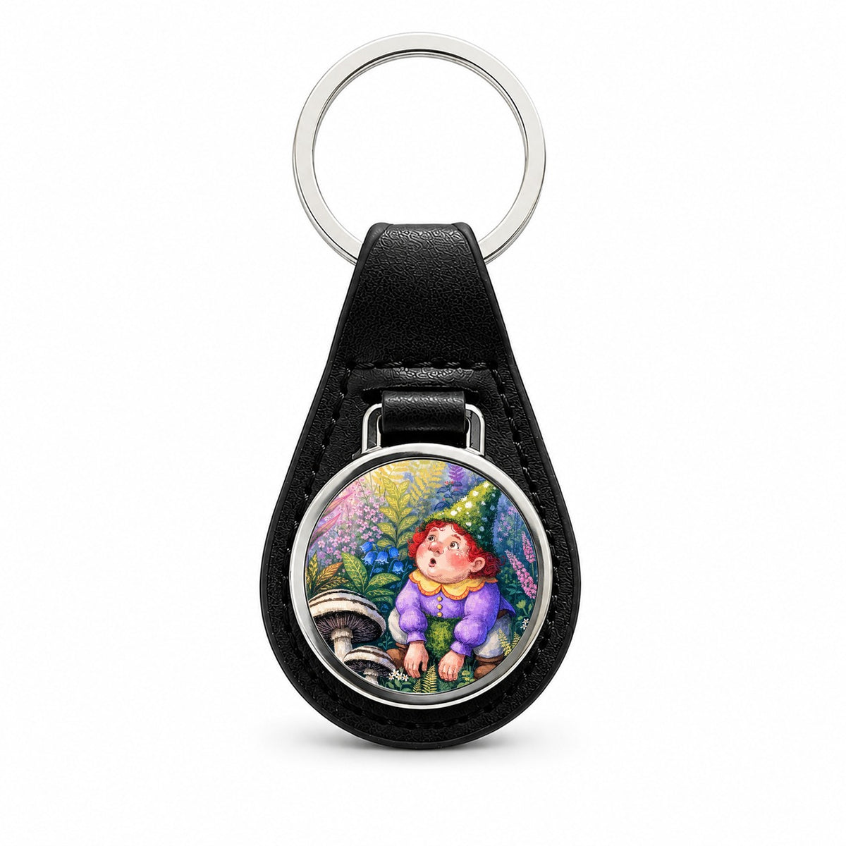 Garden Gnome Flowers Black Leather Metal Keychain