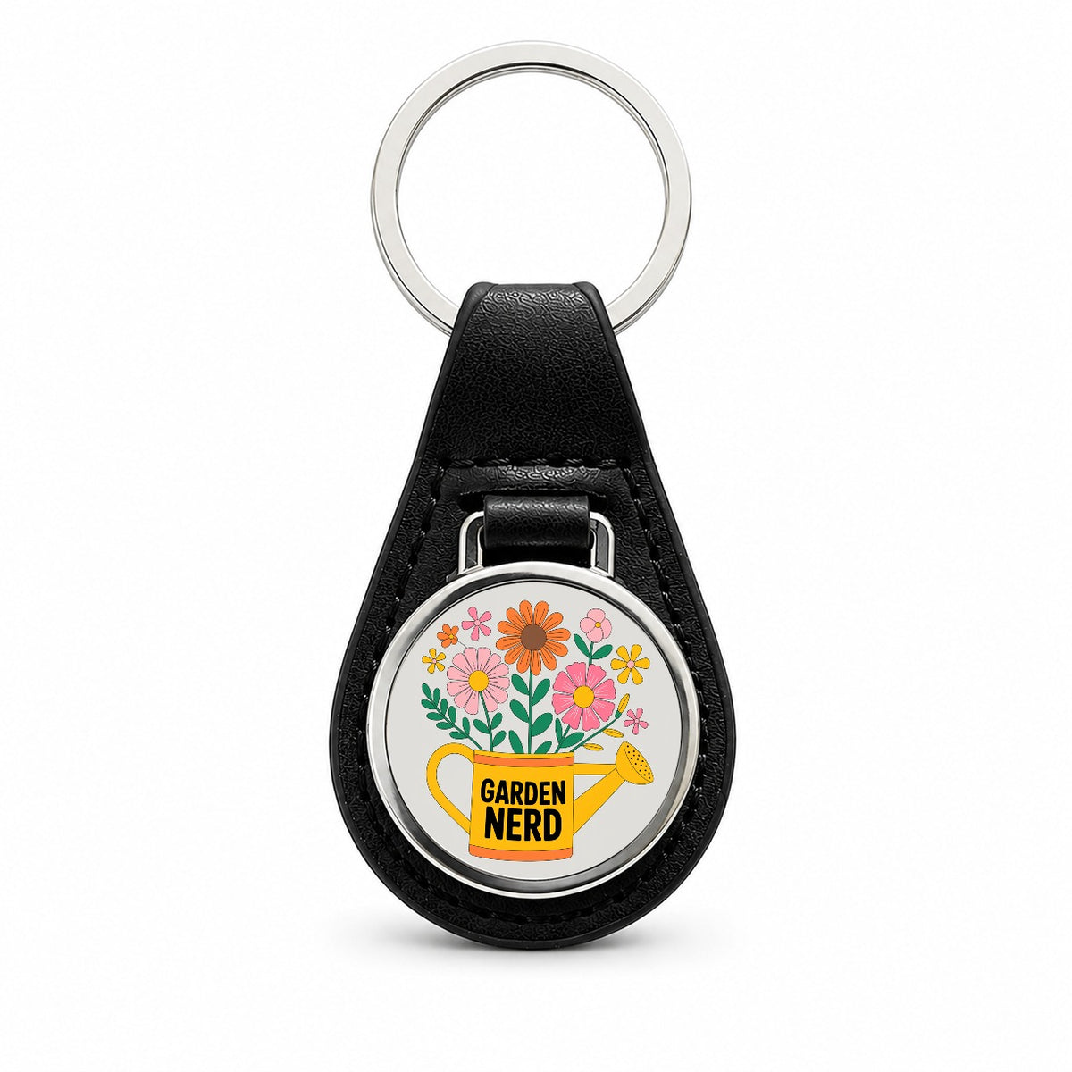 Garden Nerd Watering Can Flowers Black Leather Metal Keychain
