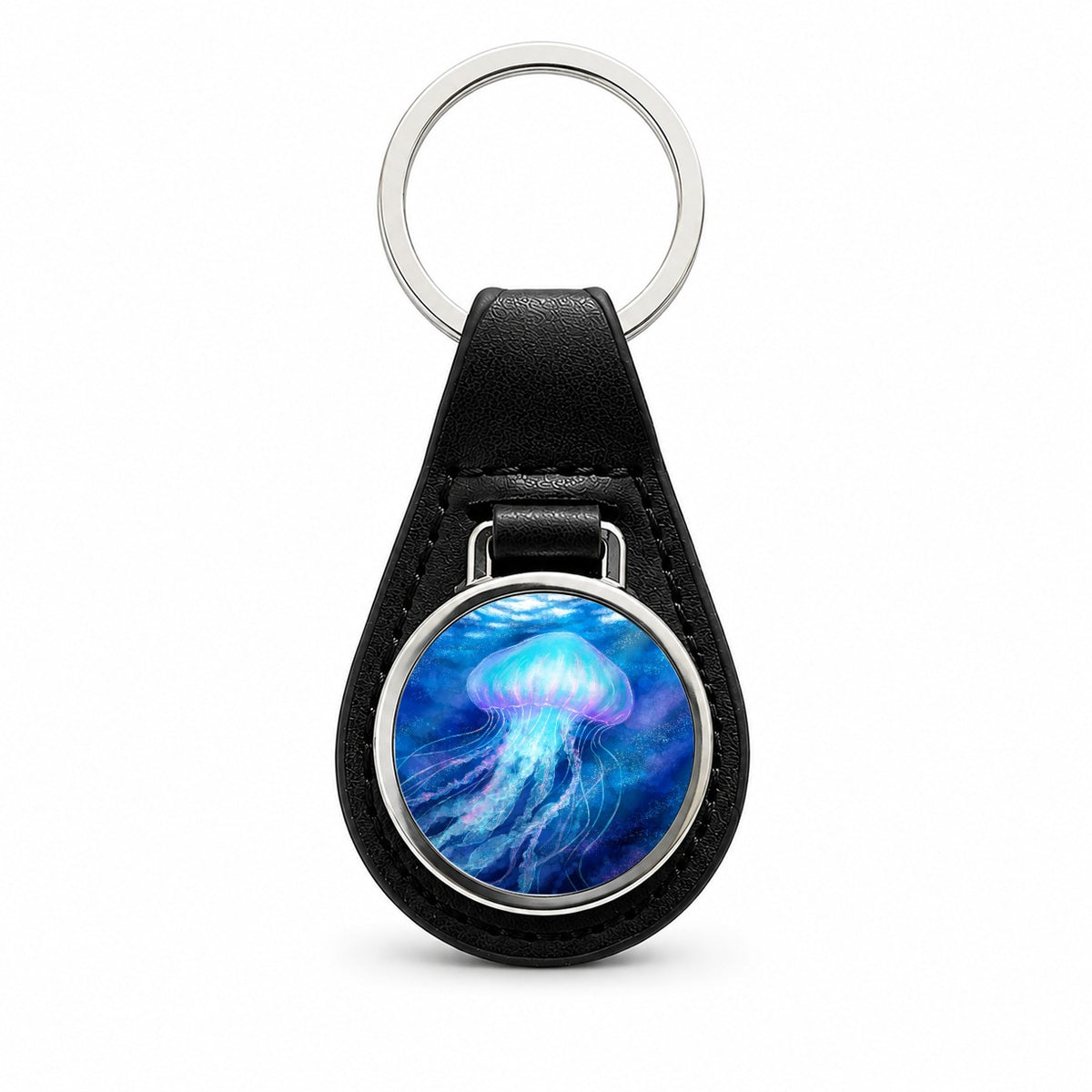Glowing Jellyfish Ocean Black Leather Metal Keychain
