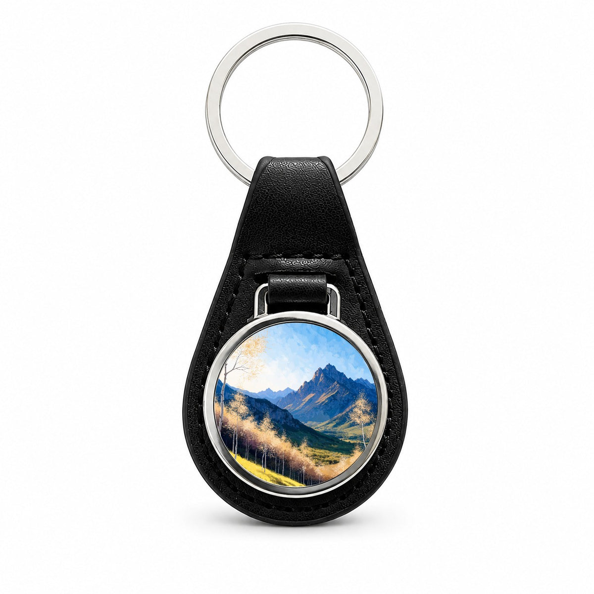 Golden Aspen Mountain Forest Black Leather Metal Keychain