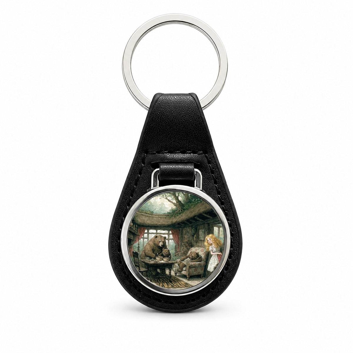 Goldilocks Three Bears Black Leather Metal Keychain