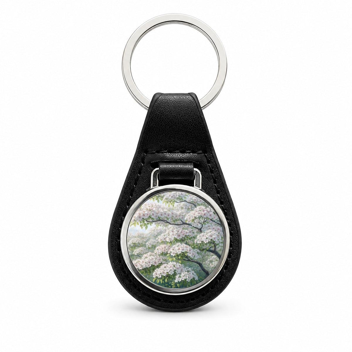 Graceful Flowering Dogwood Tree Black Leather Metal Keychain